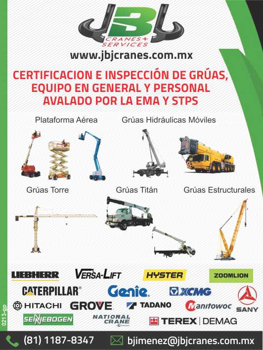 Certificacion e Inspeccion de Gruas, Equipo en General y Personal. Avalado por la EMA y STPS. Plataforma Aerea, Gruas Hidraulicas Moviles, Gruas Torre, Gruas Titan, Gruas Estructurales.