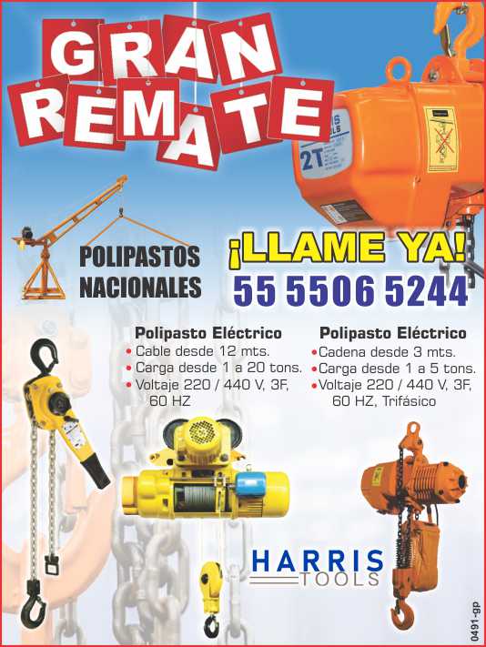 ¡ Gran Remate ! Polipasto Electrico: cable desde 12 mts., carga desde 1 a 20 tons, voltaje 220/440 V, 3F, 60 Hz. Polipasto electrico: cadena desde 3 mts., carga desde 1 a 5 tons, voltaje 220/440 V.