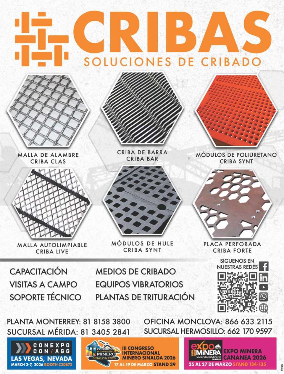 Cribas y Productos Metalicos, soluciones en cribado, tenemos cribas de alambre, modulos sinteticos, placa perforada, cribas de barra, equipos vibratorios, criba-live (autolimpiables). 