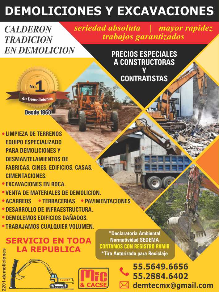Limpieza de Terrenos, Equipo Especializado para Demoliciones y Desmantelamientos de Fabricas, Cines, Edificios. Cimentaciones. Excavaciones en roca. Materiales de Demolicion. Servicio a todo Mexico.