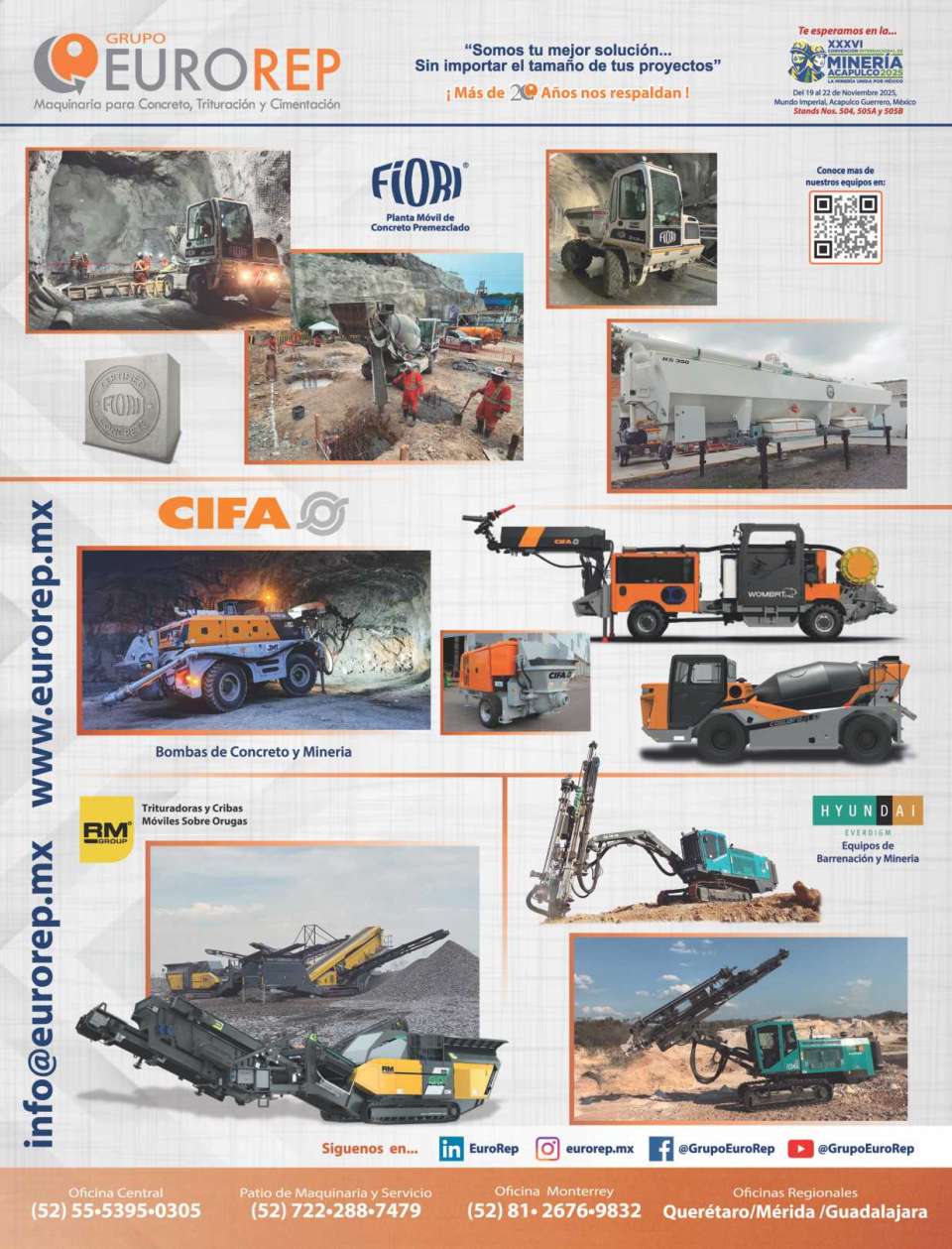 Planta Movil de Concreto Premezclado FIORI, Bombas de Concreto y Mineria CIFA, Equipos de Barrenacion y Mineria HYUNDAI, Trituradoras y Cribas Moviles sobre Orugas RM.