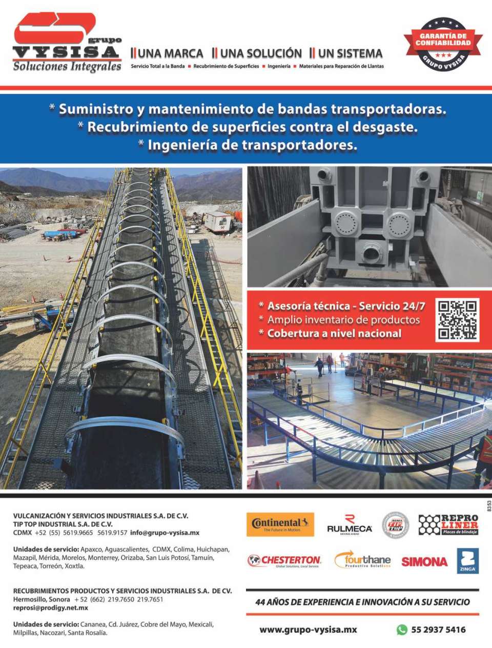 Suministro y Mantenimiento de Bandas Transportadoras, Recubrimiento de Superficies contra el desgaste por abrasion, Impacto, ataque quimico, adherencia y corrosion. EXPO MINERA STAND 39 Y 4