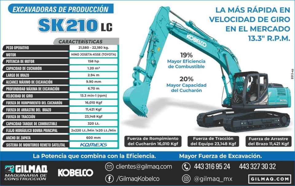Excavadoras de produccion SK210LC, la mas rapida en velocidad de giro en el mercado 13.3" R.P.M. La potencia que combina con la eficiencia Mayor Fuerza de excavacion. 20% mayor capacidad del cucharon.