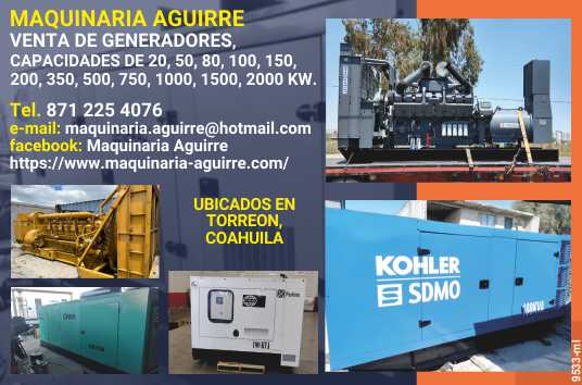 Venta de generadores, capacidad desde 20 hasta 2000 KW, abiertos o de caseta acustica.